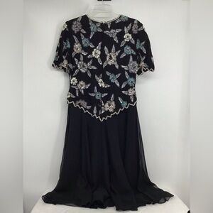 Laurence Kazar Vintage Beaded Sequin Floral Party Fodrmal Dress Black Size Large